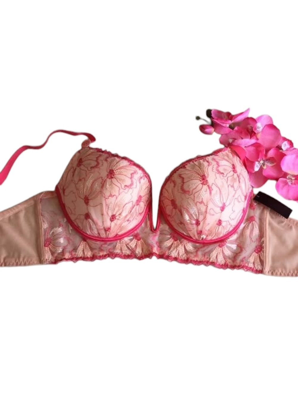 NWT Peach Pink Floral Underwire Lace Longline Drop Push Up Bra